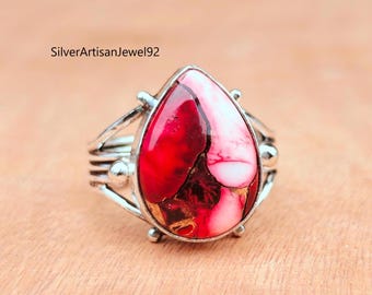 レッドダリアターコイズリング：ボヘミアンスターリングシルバーの宝石