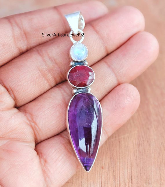 Amethyst Pendant, Ruby Pendant, Moonstone Pendant, Moonstone - Main Image