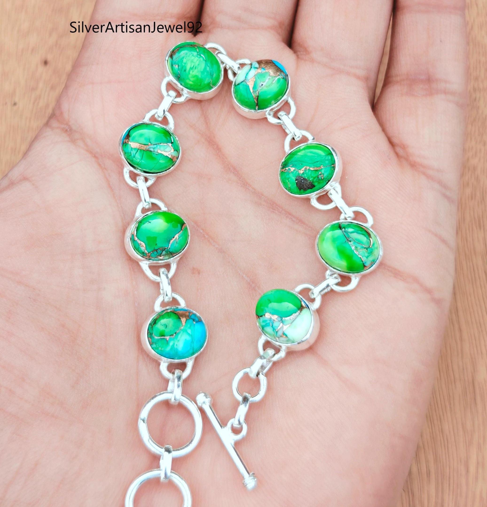 Peacock Dahlia Turquoise Sterling Silver Bracelet: Handmade