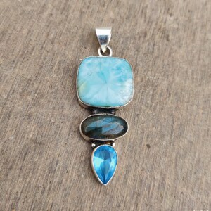 Larimar Pendant, Labradorite Pendant, 925 Silver Pendant, Blue Topaz Pendant, Statement Jewelry, Handmade Pendant, Gemstone Pendant