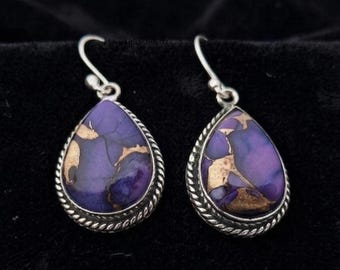 Purple Dahlia Turquoise Sterling Silver Earrings, Gemstone Drop Dangle