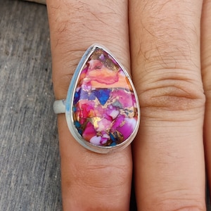 Anel de turquesa rosa, anel de cobre turquesa, anel com pedras preciosas, anel de prata esterlina 925, anel de cobre turquesa rosa, joias de turquesa rosa
