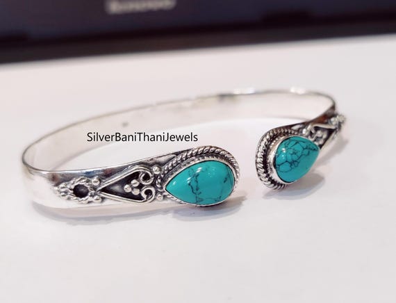 Blue Turquoise 925 Silver Bangle - Adjustable Gemstone Bracelet - Etsy