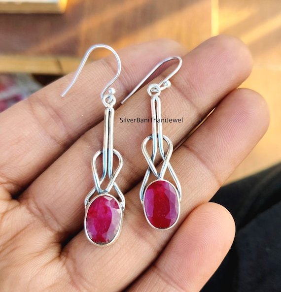 Boucles D'Oreilles En Argent 925 Avec Rubis Naturels - Fait Main En Inde - Personnalisables - Neuf Sans Emballage