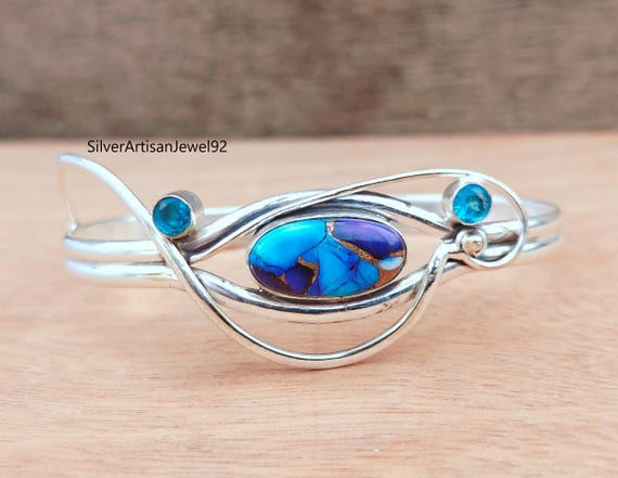 Purple Dahlia Turquoise & Blue Topaz Bangle: Sterling Silver Cuff