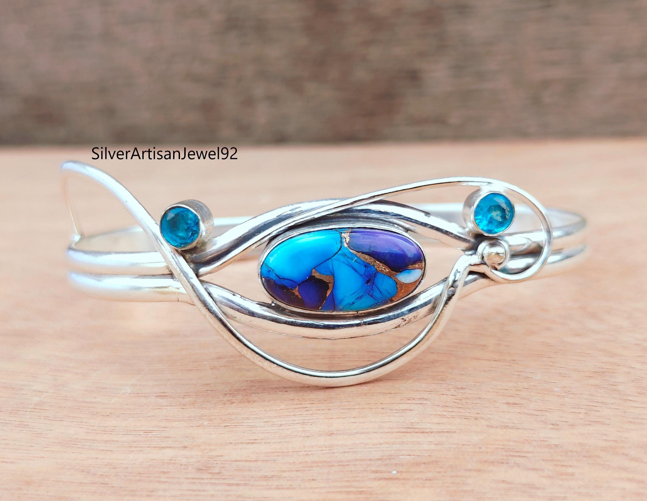 Purple Dahlia Turquoise & Blue Topaz Bangle: Sterling Silver Cuff