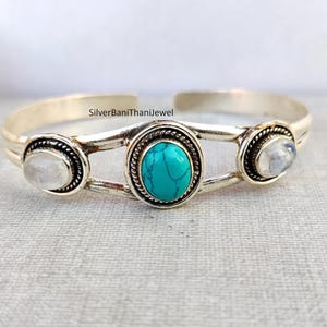 Brazalete de piedra lunar, brazalete de turquesa azul, brazalete de plata, joyería de regalo, regalo hecho a mano, brazalete para mujer, pulsera de turquesa, piedra lunar arcoíris