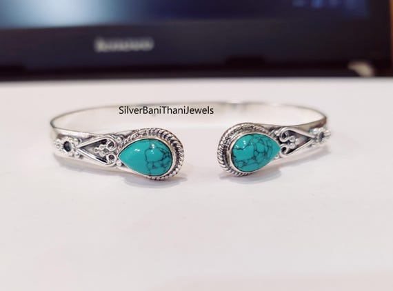Blue Turquoise 925 Silver Bangle - Adjustable Gemstone Bracelet - Etsy