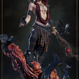May include: A detailed figurine of a woman in a hooded red top and leather pants, holding a staff with a raven and a small bird. The base features a grotesque, red-toned sculpture with candles and a dark, ominous aesthetic.