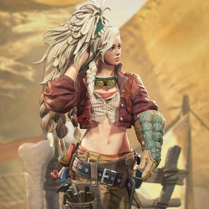 May include: A detailed figurine of a woman in a steampunk-inspired outfit. She wears a cropped red jacket, a striped vest, and utility belt with tools. Her blonde hair is styled with braids and feathers. The background suggests a workshop setting.