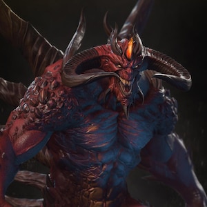 May include: A detailed digital rendering of a demonic creature with red and blue skin. The demon has large horns, sharp teeth, and a fiery glow on its forehead. The creature's muscular physique and menacing expression create a powerful image.