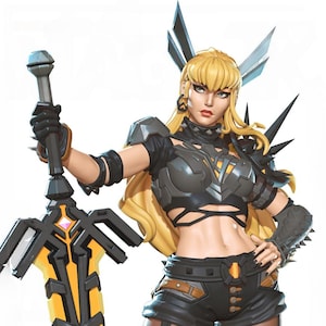 May include: A female character with blonde hair and a black and yellow outfit, holding a large sword with a yellow blade and black hilt. She is wearing a black leather top with a yellow design, black shorts with a studded belt, and black boots.