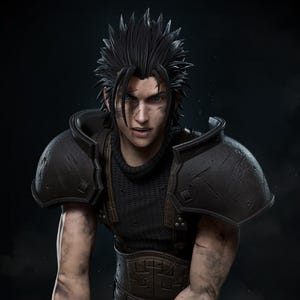 Könnte beinhalten: Digitale Darstellung einer Figur in dunkler Rüstung, mit schwarzem Oberteil und Hose. Die Figur hat schwarzes, stacheliges Haar, blaue Augen und Kampfnarben. Das Bild hat eine dramatische, filmische Atmosphäre.