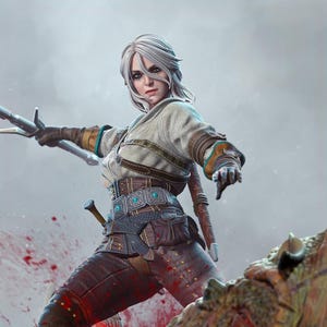 May include: A female figure with white hair, wearing a white and brown outfit, stands on a defeated, bloody creature. She holds a sword in her right hand and is looking directly at the viewer.