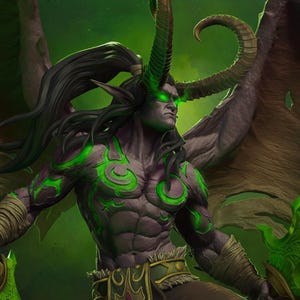 Puede incluir: Ilustración digital de una figura humanoide musculosa con ojos y marcas verdes brillantes. El personaje tiene cuernos grandes, alas y sostiene una espada verde. La paleta de colores incluye tonos de morado, verde y marrón, sobre un fondo verde.