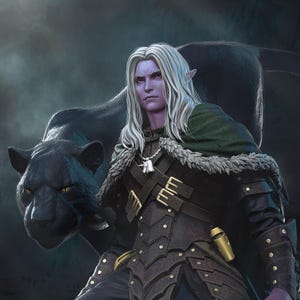 Puede incluir: Ilustración digital de un personaje de fantasía con piel pálida, cabello blanco y orejas puntiagudas, vistiendo una armadura oscura y empuñando una espada. Una pantera negra se encuentra detrás del personaje.