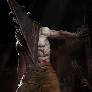 May include: A detailed image of a muscular figure with a large, rusty triangular helmet. The figure is wearing tattered pants and has visible wounds. The text "SILENT HILL" is at the bottom of the image.