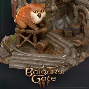 Puede incluir: Figura detallada de la serie Baldur's Gate. Presenta un búho estilizado con plumas naranjas y blancas, posado sobre una estructura de madera dentro de un entorno de ruinas de piedra. El logotipo del juego está en la base.