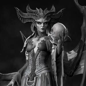 Puede incluir: Ilustración en blanco y negro de un personaje femenino de Diablo IV sosteniendo un cráneo. Viste un elaborado traje con tocado y mangas sueltas. El logotipo de Diablo IV es visible en la parte inferior.