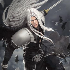 Puede incluir: Ilustración digital de un personaje con largo cabello plateado y ojos verdes, vestido con armadura negra y plateada, sosteniendo una espada. La imagen tiene una composición dinámica con un tema de fantasía.