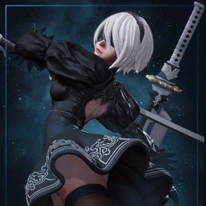 May include: A detailed figurine of a character in a black dress with white trim and a matching headpiece. The figure is holding a sword and has white hair. The background is a dark blue with a starry effect.