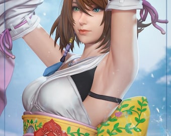 May include: Digital art of a woman in a white top with a black undershirt and a yellow and red floral obi. She has brown hair, blue eyes, and is holding a weapon. The background is a blurred blue and white.