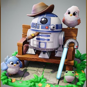 May include: A whimsical figurine featuring a stylized R2-D2 droid wearing a cowboy hat and smoking a cigar, seated on a wooden bench. A blue lightsaber, a frog, and two cartoon birds complete the scene. The base is decorated with green grass and flowers.