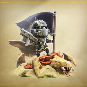 Può includere: Statuetta di un soldato in armatura nera e oro, con una pistola e una bandiera strappata. Il soldato è su un terreno roccioso con un teschio e altre strutture ossee. Lo sfondo è un gradiente di beige e oro.