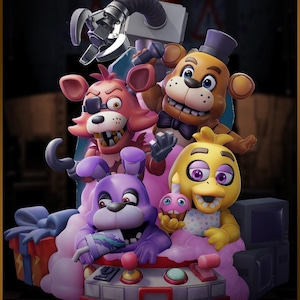 May include: A detailed figurine featuring characters from the Five Nights at Freddy's franchise. The characters include Freddy, Foxy, Bonnie, and Chica, along with a robotic arm and control panel. The color palette includes shades of brown, red, purple, and yellow.