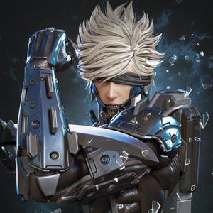 May include: A cyborg character with white hair and a black eye patch, wearing a silver and black suit with a robotic arm. The character is flexing their arm, showing off their powerful muscles.
