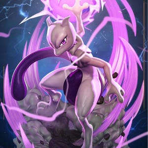 May include: A dynamic illustration of Mewtwo, a Pokémon, in a fighting stance. The figure is primarily gray with purple accents, surrounded by swirling purple energy and a glowing orb. The background is a dark blue with lightning.