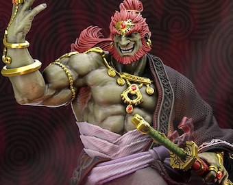 May include: A detailed figurine of a muscular character with green skin, red hair, and a red beard. The character wears gold jewelry and a dark robe. He holds a sword with a green handle and gold accents. The background is a dark red with a circular pattern.