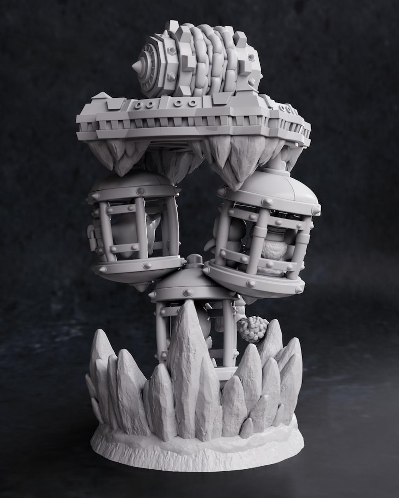 May include: A detailed, gray 3D-printed sculpture of a fantastical structure. It features a central tower with suspended cages and a complex, gear-like top. The base is a rocky formation, and the overall design suggests a fantasy or steampunk theme.