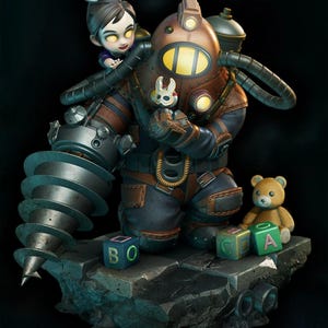 May include: A detailed figurine of a Big Daddy character from a video game, holding a Little Sister figure and a small bunny. The Big Daddy is in a diving suit with a drill arm. A teddy bear and alphabet blocks are also present.