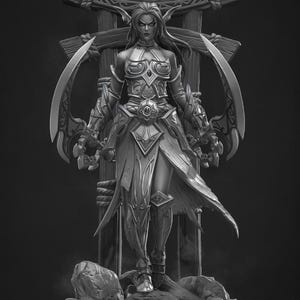 May include: A monochromatic gray 3D-printed figurine of a female elf warrior standing on a rocky base. She wears ornate armor, holds two curved blades, and is positioned in front of a wooden structure with a curved top beam and rope detailing.