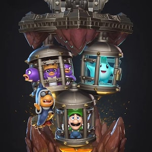 Könnte beinhalten: Eine detaillierte Skulptur mit Charakteren aus der Super Mario-Franchise. Luigi, ein Stern und mehrere Pinguine sind in Metallkäfigen eingeschlossen. Die Skulptur hat ein dunkles Farbschema mit roten und orangen Akzenten und eine mechanische Oberseite.