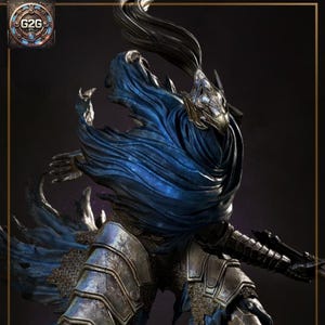 May include: A detailed, blue and silver, action figure of a warrior wearing a helmet and a flowing cape. The figure is posed in a dynamic stance, holding a sword.