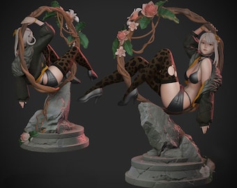 May include: Two statues of a woman in a black outfit and leopard print stockings, posed on a stone base. The statues are surrounded by a floral vine. The woman is wearing a black jacket and heels.