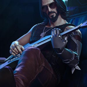 May include: A digital illustration of a person with long dark hair and sunglasses playing a guitar. The person is wearing a black sleeveless top, brown pants, and a silver necklace. The person has a robotic arm and is sitting on a blue surface.