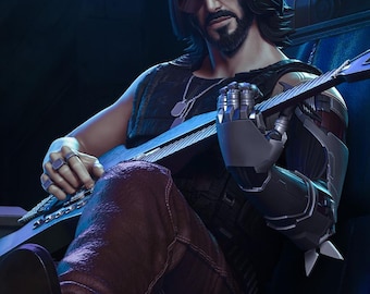 May include: A digital illustration of a person with long dark hair and sunglasses playing a guitar. The person is wearing a black sleeveless top, brown pants, and a silver necklace. The person has a robotic arm and is sitting on a blue surface.