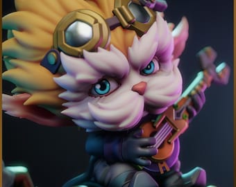 May include: A detailed figurine of a cartoon character with light yellow hair, white fur, and blue eyes. The character wears goggles and holds a small guitar. The figure is dressed in a dark outfit and sits on a golden-colored base.