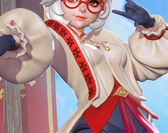 May include: A digital illustration of a character with white hair, red-framed glasses, and a decorative headpiece. The character wears a white and red outfit with gold accents and a dark blue glove, making a hand gesture.