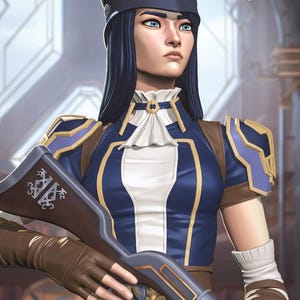 Peut inclure: Illustration numérique d'un personnage en uniforme bleu marine et blanc avec des accents dorés, portant un chapeau assorti. Le personnage tient un fusil avec une crosse marron et un canon gris. Le personnage a les yeux bleus et les cheveux foncés.