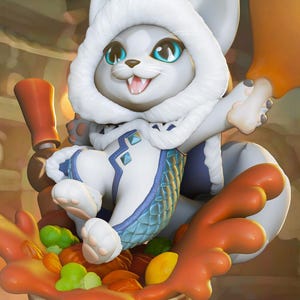 Könnte beinhalten: Digitale Illustration eines Cartoon-Polarfuchs-Charakters, der ein weißes Outfit mit Kapuze und blauen Akzenten trägt. Der Fuchs lächelt und sitzt in der Nähe einer Schüssel mit Essen mit einem dekorativen roten und braunen Rand.