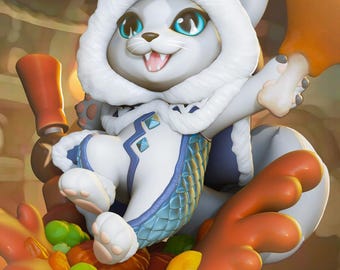 May include: A digital illustration of a cartoon arctic fox character wearing a white hooded outfit with blue accents. The fox is smiling and sitting near a bowl of food with a red and brown decorative rim.