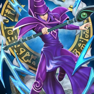 Puede incluir: Ilustración digital de un personaje con túnica y sombrero morados, sosteniendo un bastón con un orbe verde. El fondo presenta un diseño azul y dorado con rayos.