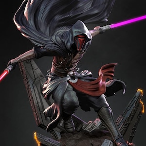May include: A detailed statue of a character from the Star Wars universe, wielding two lightsabers. The figure is clad in dark clothing with a red mask and cape, posed dynamically on a fragmented platform. The lightsabers glow red and purple.