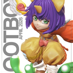 May include: A colorful anime-style figurine of a character with purple hair, green eyes, and a yellow bow. The figure is wearing a yellow outfit with a red cape and brown boots. The text "OOTBOX APRIL 2026" is visible in the background.