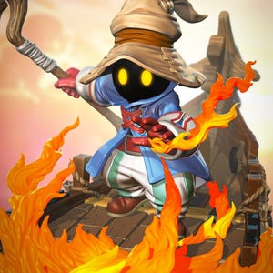 Puede incluir: Figura de un mago con un sombrero grande, una túnica azul y pantalones a rayas. El personaje sostiene un bastón y está rodeado de llamas naranjas. La figura está sobre una plataforma de madera.