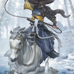 May include: A detailed figurine of a warrior on horseback, set against a snowy forest backdrop. The warrior wears a yellow and blue outfit, a large hat, and carries a whip. The white horse is posed mid-stride, with detailed rope reins.
